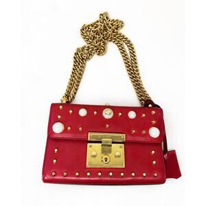 Gucci Red Leather Faux Pearl Stud Padlock Small Chain Shoulder Bag